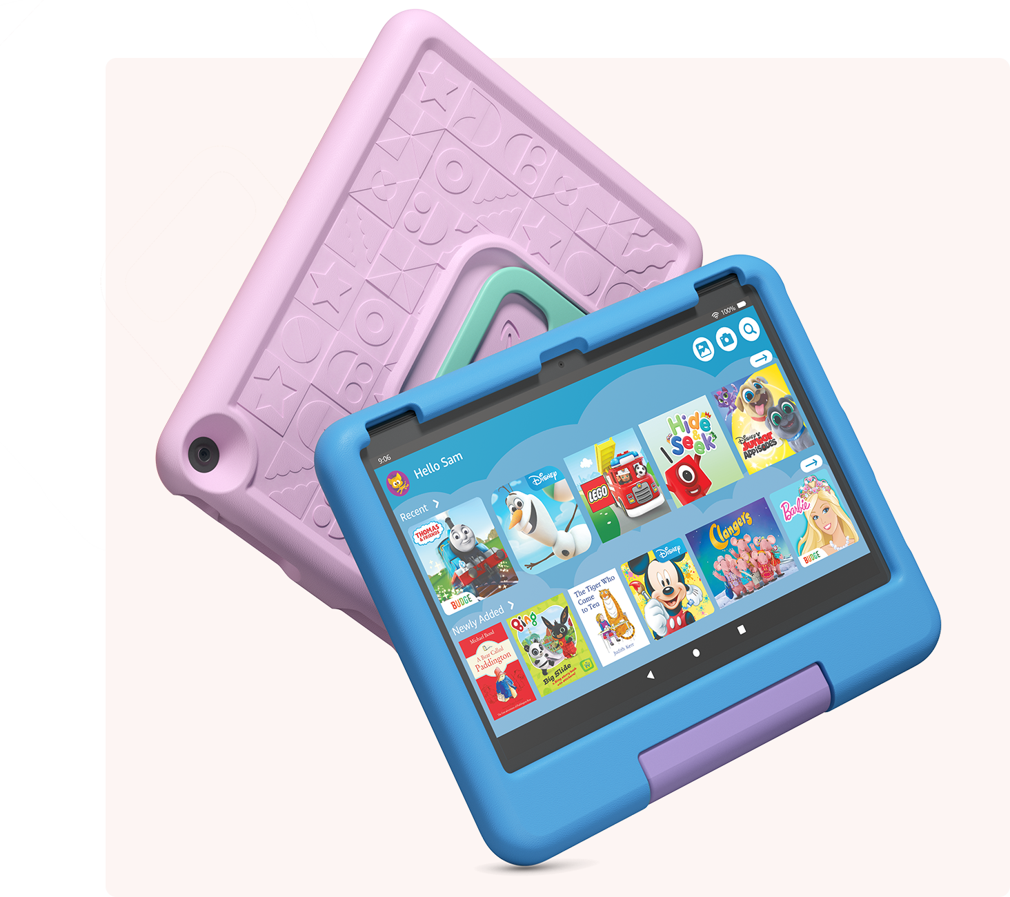 Pembe ve mavi desenli iki adet Fire HD 10 Çocuk tableti.