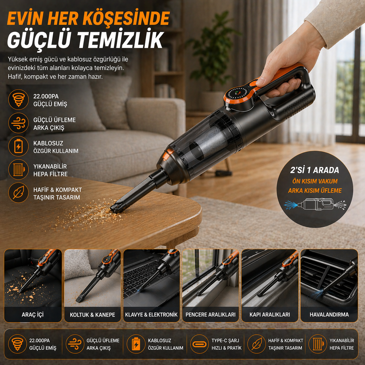 Airstorr 6 Başlıklı 22.000PA Kablosuz Araç Süpürgesi Vakum Fiyatı