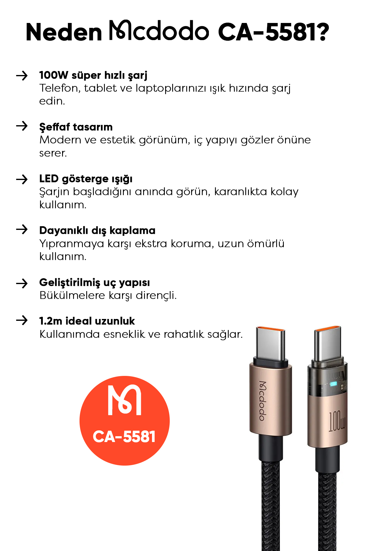 CA-5581 TYPE-C TO TYPE-C 100W 1.2M LED IŞIKLI ŞEFFAF KABLO Afişi