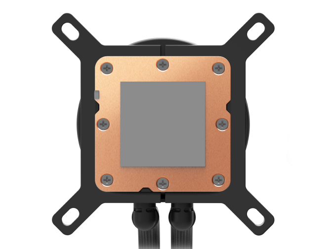 Bakır taban plakası, dört montaj kolu, görünür vidalar ve alttan uzanan iki siyah borudan oluşan bir bilgisayar CPU sıvı soğutucu pompa bloğunun yakın çekimi.