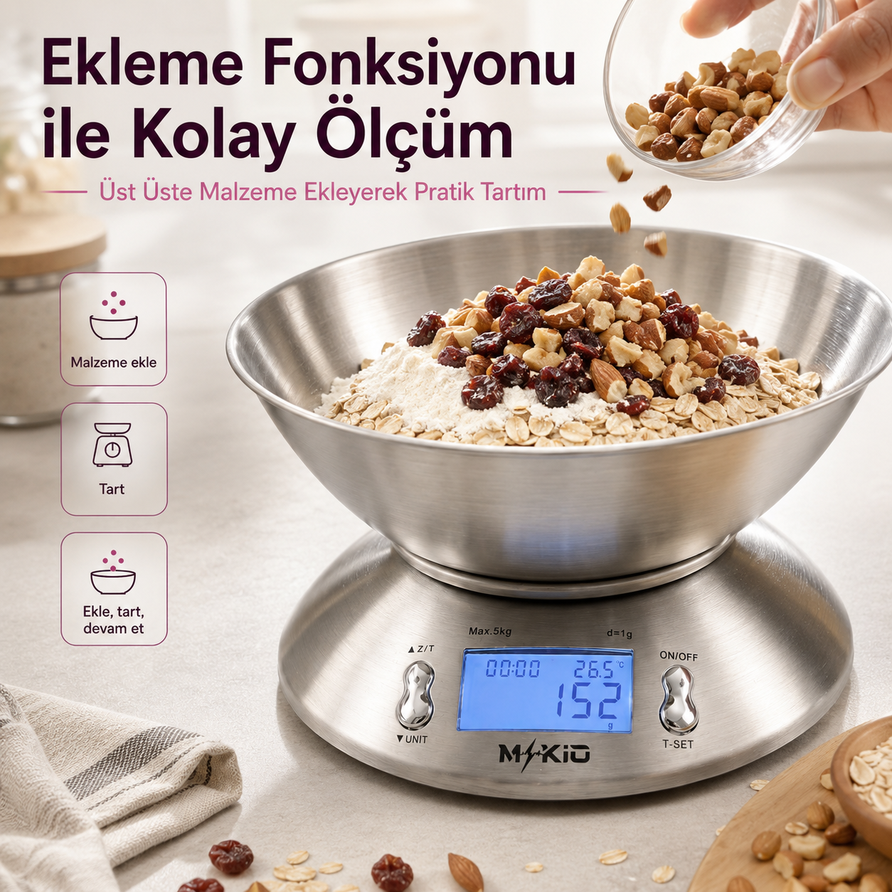 MKİO mutfak terazisi ekleme fonksiyonu ile üst üste malzeme tartımı