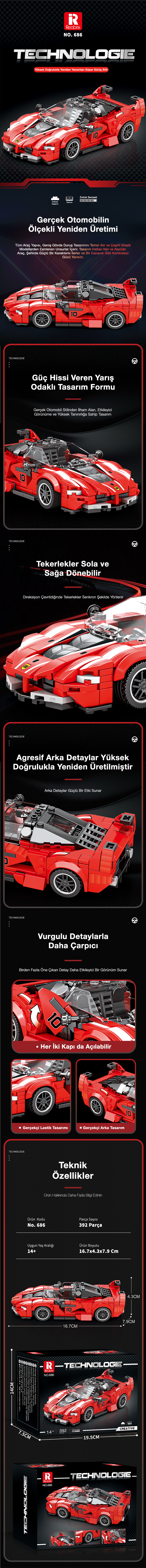 Reobrix Race Car Ferrari FXX K 686 Brick Yapım Seti