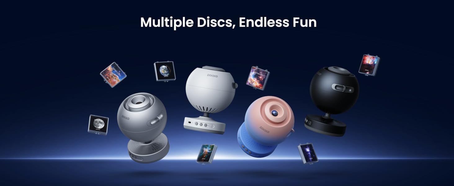 Text reads 'Multiple Discs, Endless Fun'. Digital gaming interface showing floating 3D objects and discs against a dark blue background.