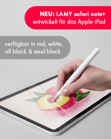 Renkli çiçekler çizerken iPad için dijital giriş kalemi. Metin, LAMY Safari Note+ kırmızı, beyaz, tam siyah ve çelik siyah renklerde mevcuttur