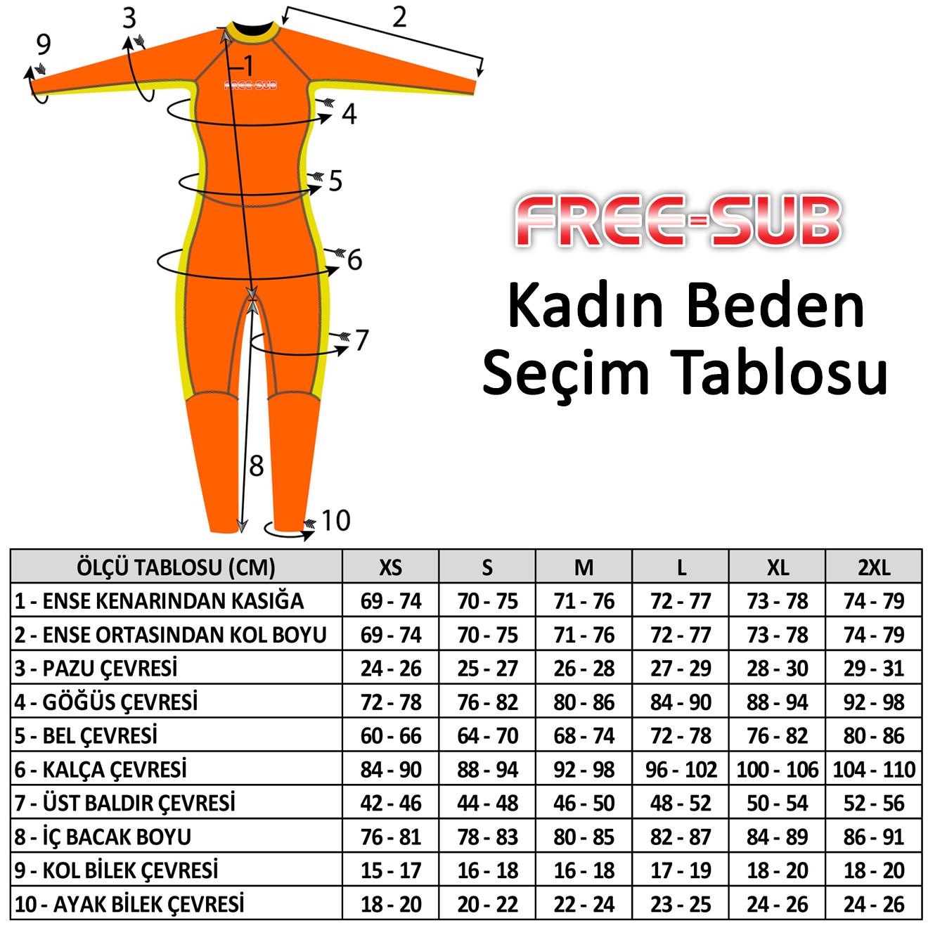 Free-Sub Kadın Sörf ve Dalış Elbisesi Beden Seçim Tablosu 