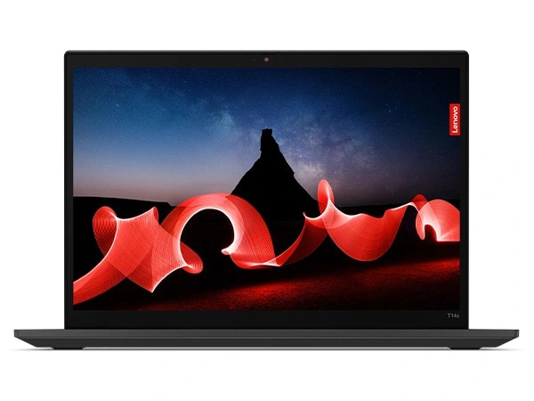 Front-facing, upward-angled Lenovo ThinkPad T14s Gen 4 laptop with focus on the 14 inch display.