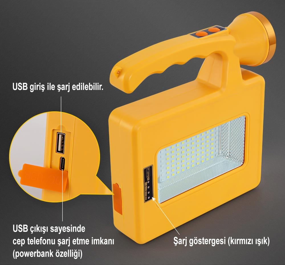 Powermaster Solarlı Usb’li Şarjlı Taşınabilir Kamp Feneri PM-16044