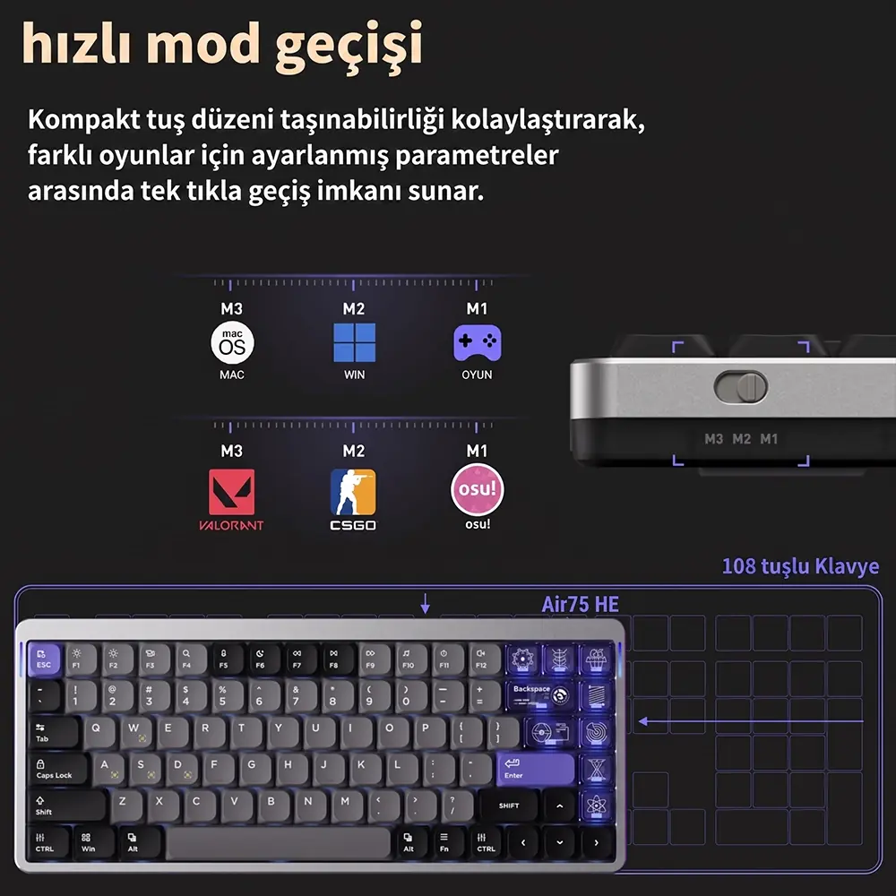 NuPhy Air75 HE PBT Keycaps ve Güneye Bakan RGB Aydınlatma