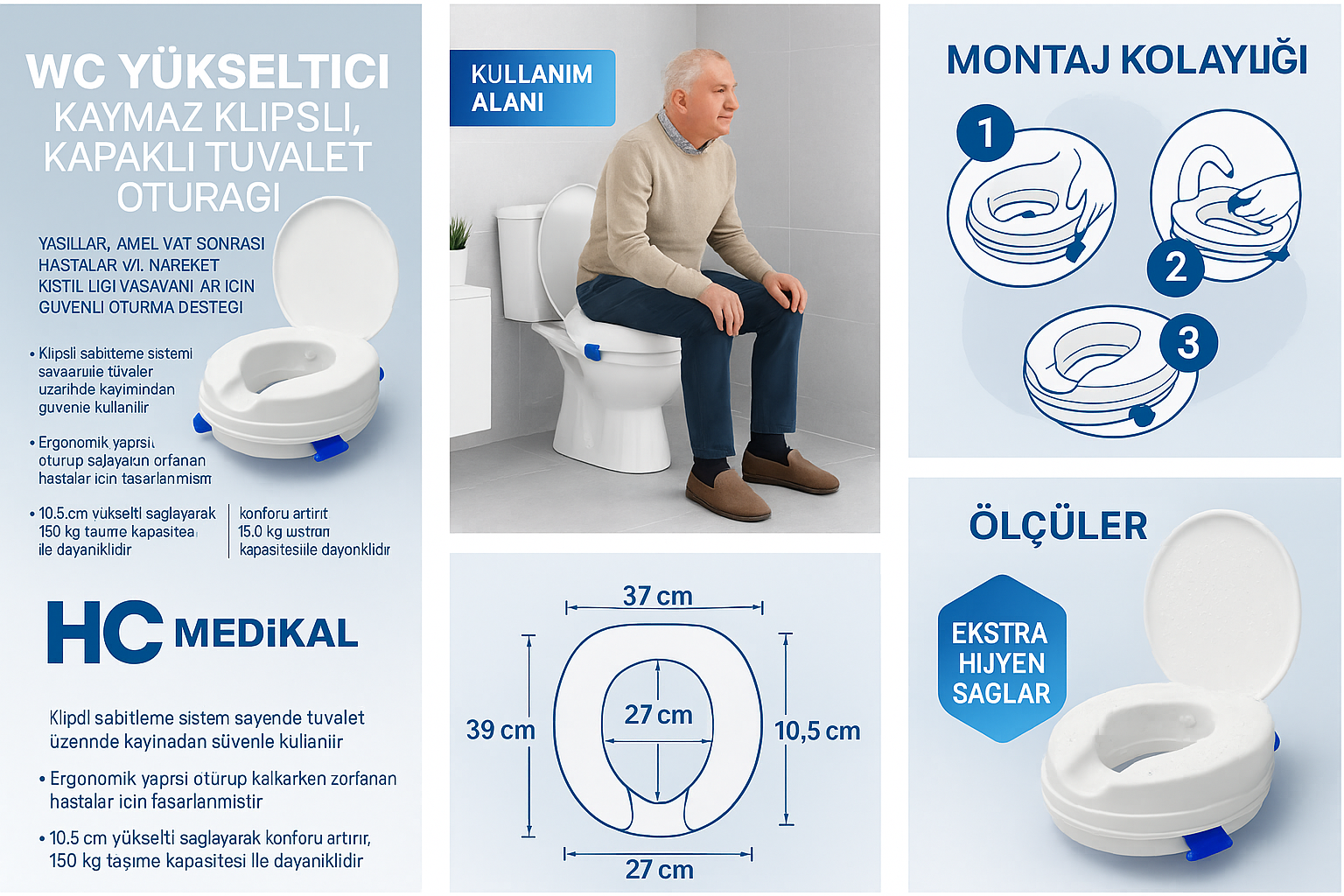 HC Medikal WC Yükseltici Kapaklı Tuvalet Oturağı - 11 cm, Kaymaz Klipsli, Hijyenik ve Kolay Montajlı