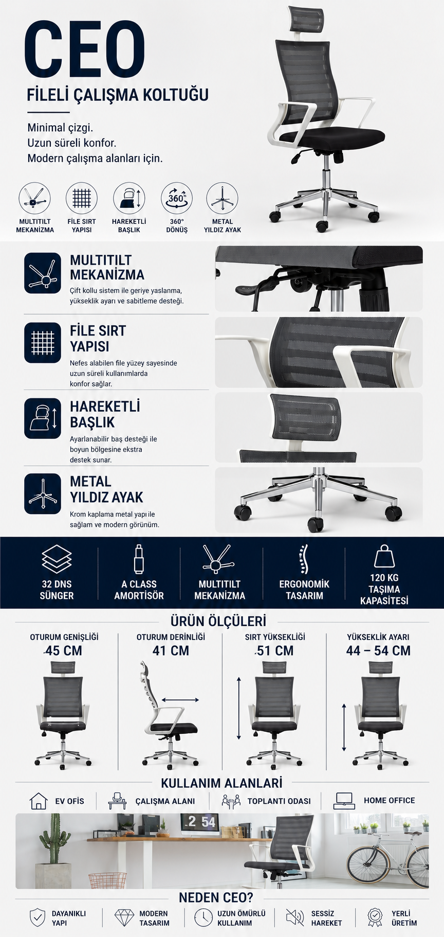 Asbir Mobilya Ceo Fileli Başlıklı Metal Ayaklı Çalışma Koltuğu