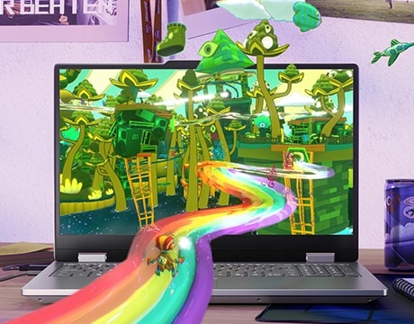 Masa üzerinde Lenovo LOQ Essential 15IRX11 dizüstü oyun bilgisayarı - önden görünüm, kapak açık, ekranda resimli bir orman ve gökkuşağı izi var ve dışarı fırlamış gibi görünüyor.