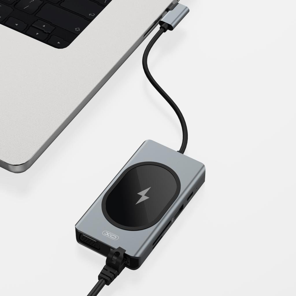 XO HUB007 15W Kablosuz Şarjlı 9-1 Type-C HDMİ Çoklayıcı HUB