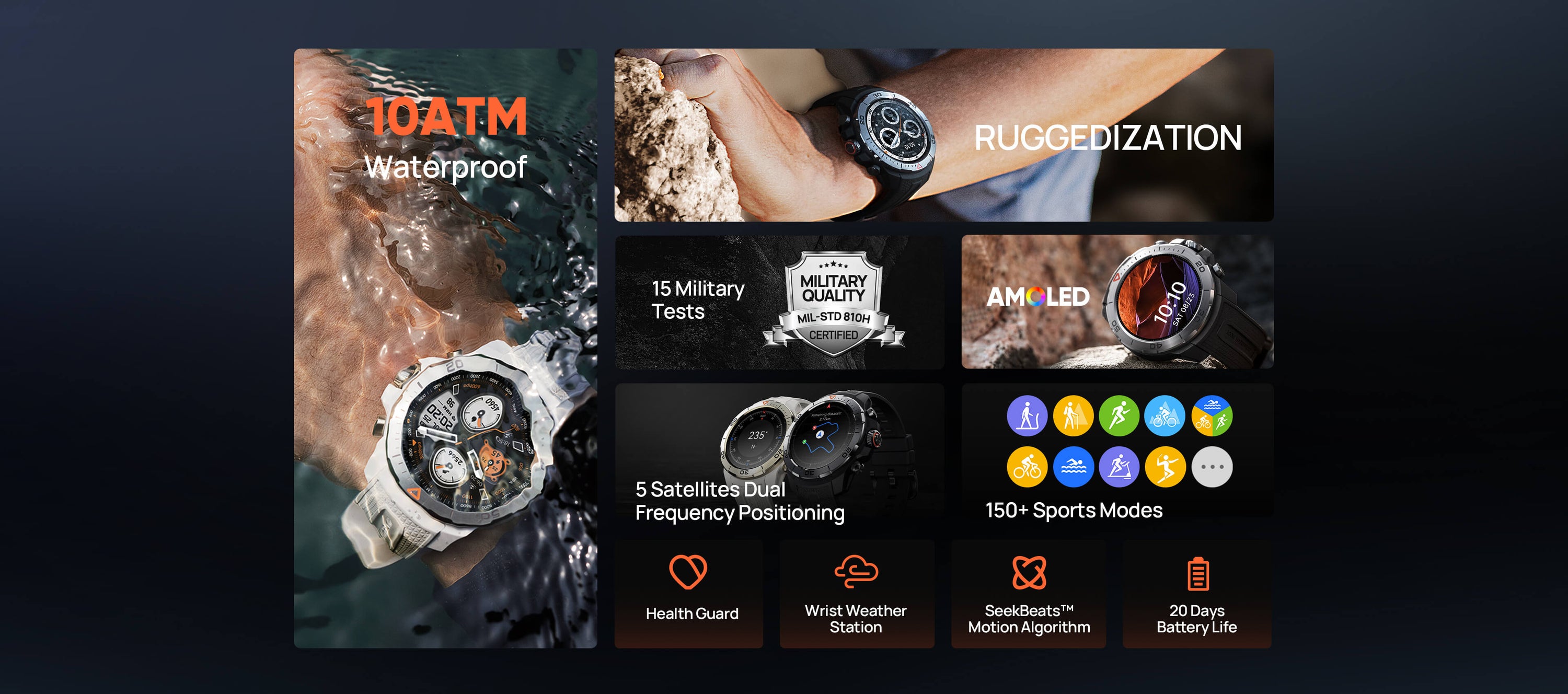 Details: Ruggedization | 15 Military Tests | 10ATM Waterproof | AMOLED Display | 5 Satellites Dual Frequency Positioning | 150+ Sports Modes | SeekBeats™ Motion Algorithm | Wrist Weather Station | Health Guard | 20 Days Powerful Battery Life