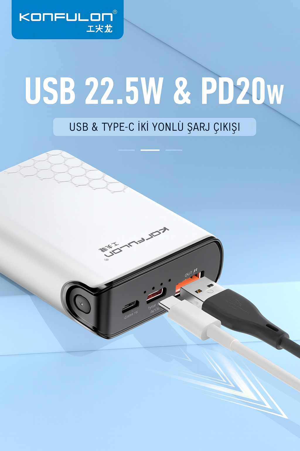 Konfulon A6Q USB ve Type-C çıkışlarla iki cihazı aynı anda şarj etme afişi