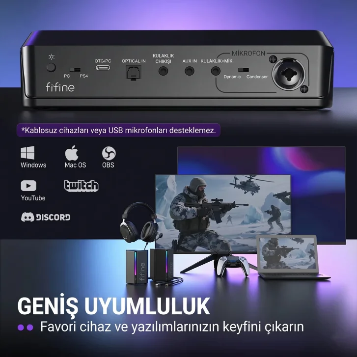 Fifine SC8 PC, PS4, PS5, Mac Geniş Uyumluluk