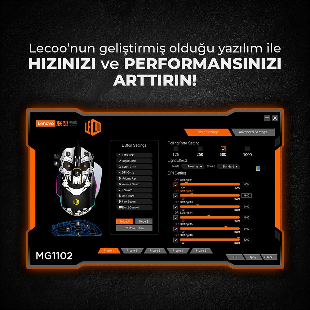 Lenovo Lecoo MG1102 8200 DPI 10 Makro Tuşlu Kablolu RGB Ledli Mouse + Mousepad
