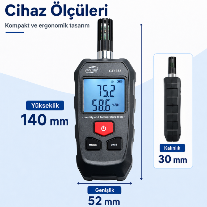 Benetech GT1368 Taşınabilir Sıcaklık ve Nem Ölçer Boyutları
