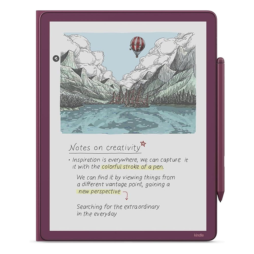 Kindle Scribe 2025 uyumlu premium deri manyetik kapaklı kılıf Fig mürdüm ön görünüm cihaz takılı hali