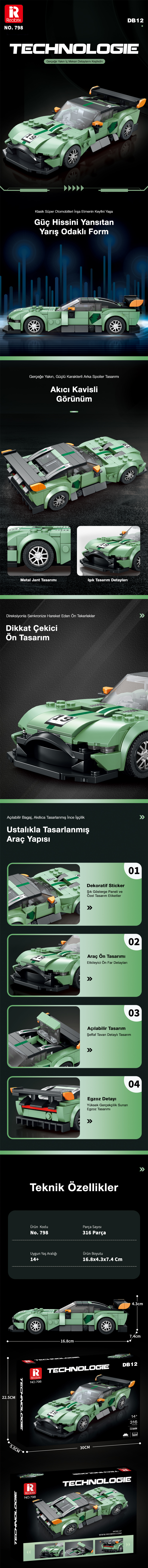 Reobrix Race Car Aston Martin DB12 798 Brick Yapım Seti