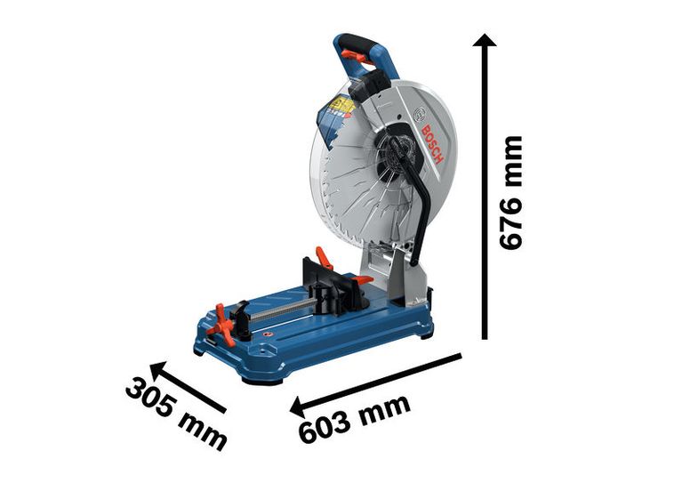 Gösterilen ölçülere sahip Bosch GCD 18V-355 metal kesme testeresi.