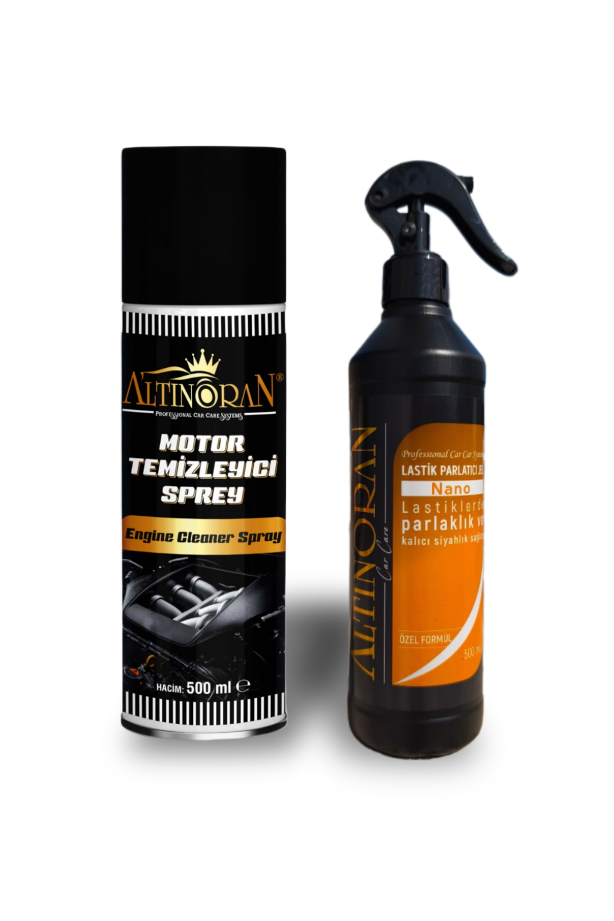 Altınoran Susuz Motor Temizleyici ve Nano Lastik/Plastik Parlatıcı sprey şişeleri seti