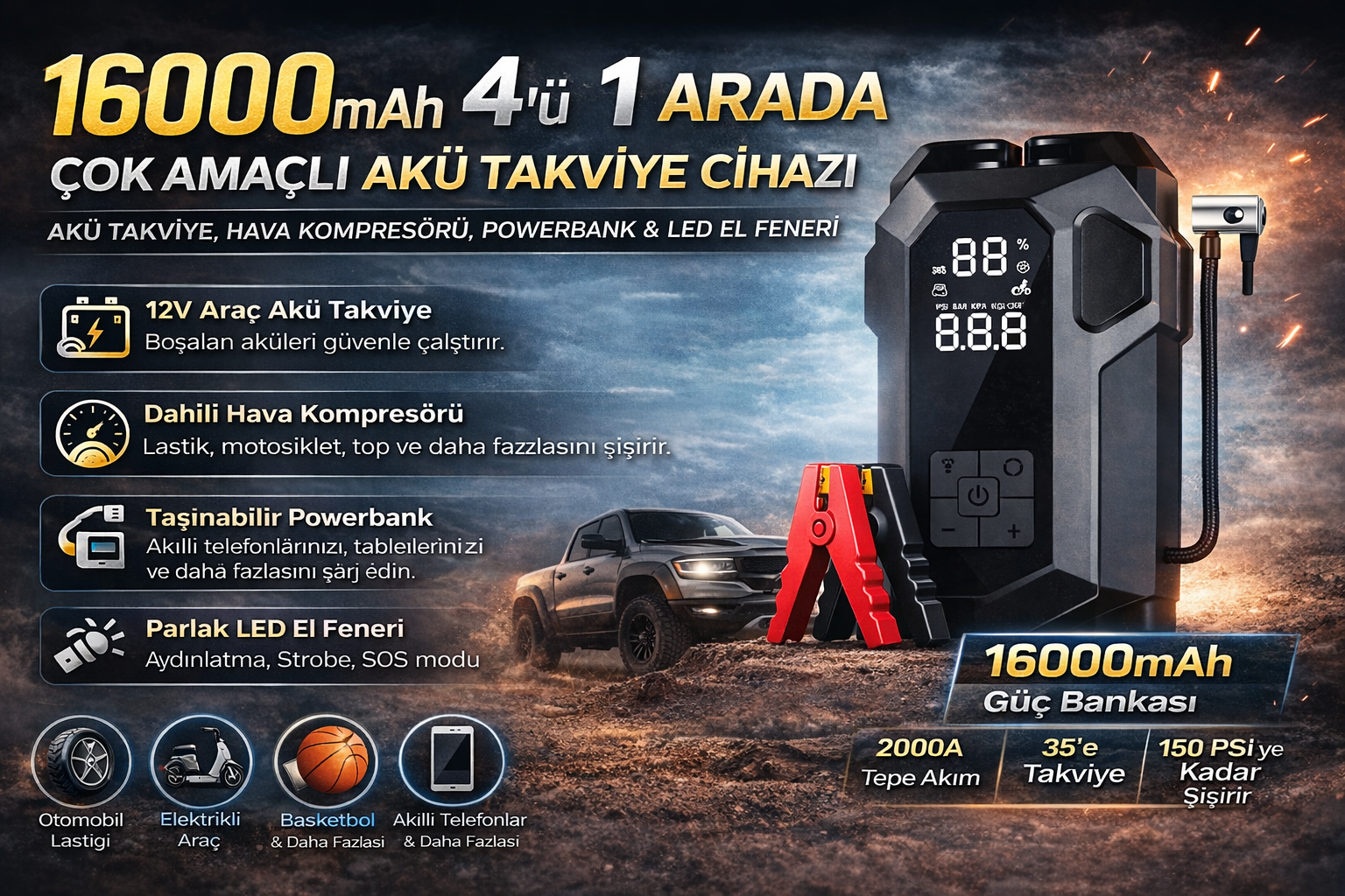 kompresorlu aku takviye cihazi lastik sisirme pompasi