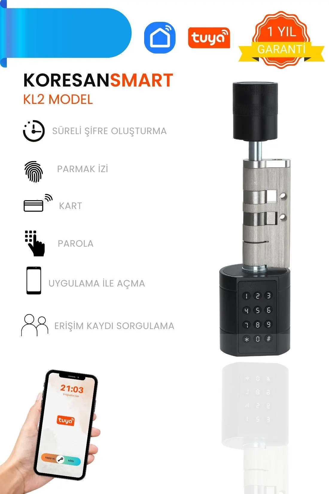 KL2 Model Parmak Izi, Şifreli ve Tuya Uygulamalı Akıllı Kapı Kilidi ürün görünümü