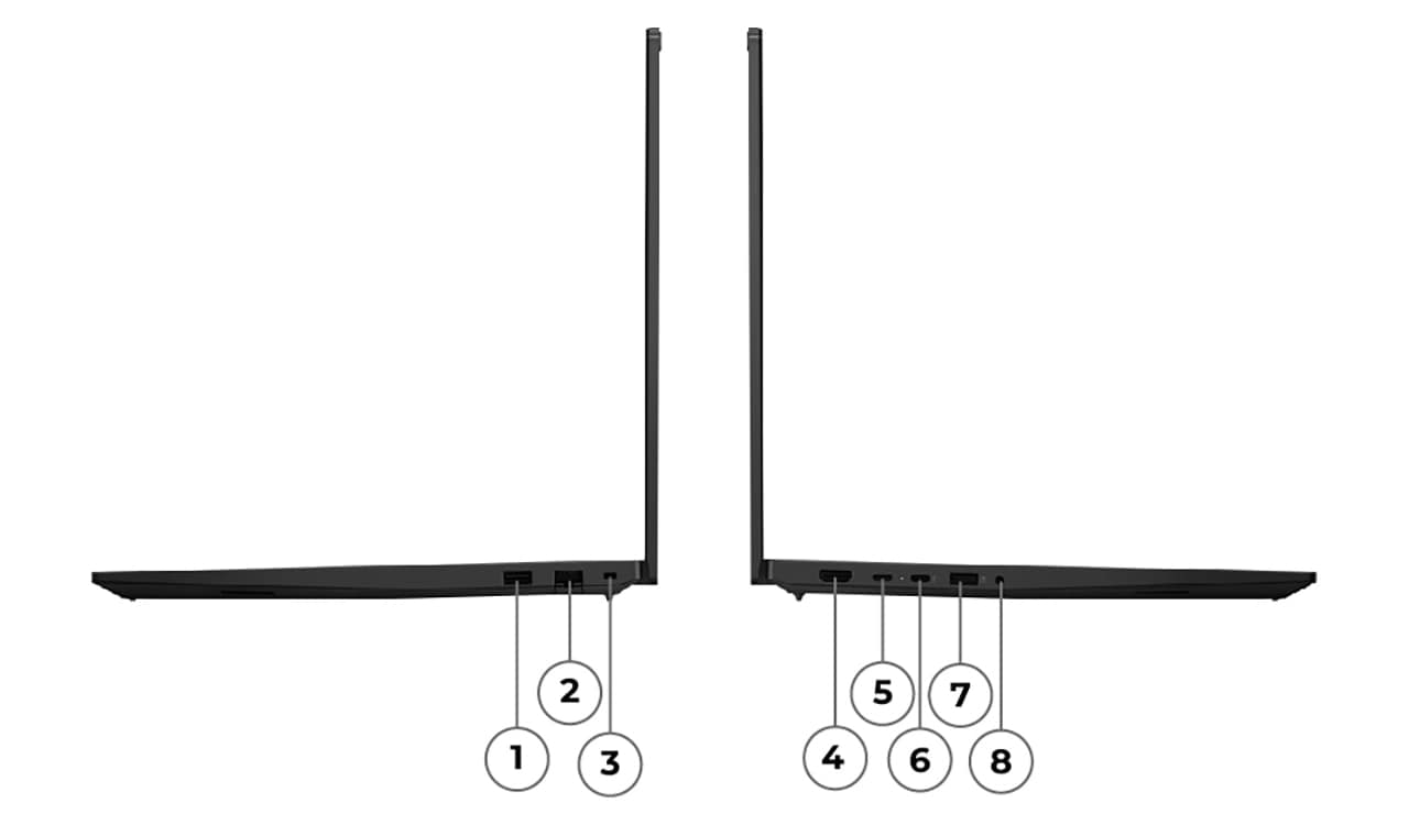 Lenovo ThinkPad E16 Gen 3 (16” Intel) dizüstü bilgisayarının sağ ve sol yan profil görünümleri, bağlantı noktaları sırasıyla 1'den 3'e ve 4'ten 8'e kadar etiketlenmiştir.