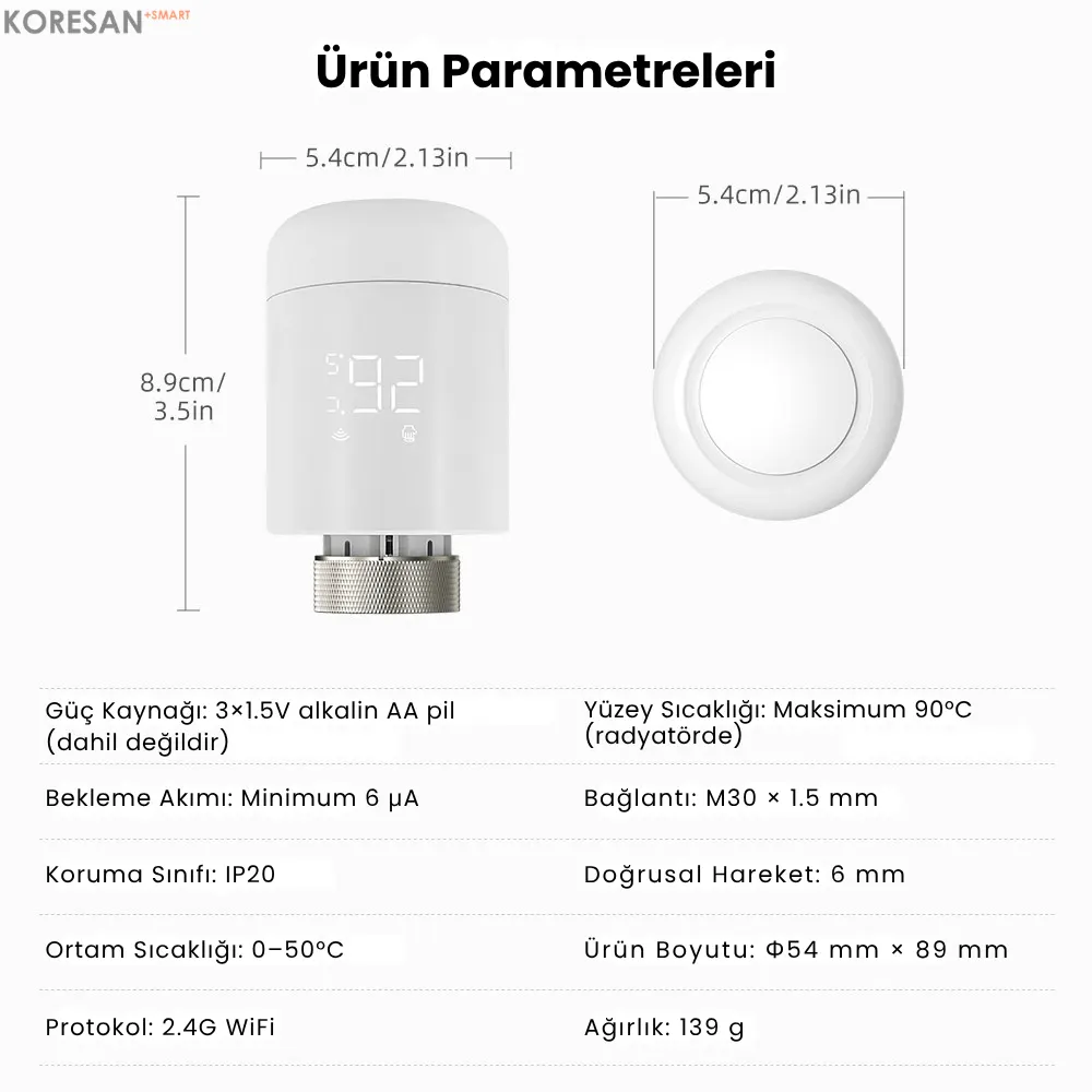 Tuya WiFi / Zigbee Akıllı Termostatik Radyatör Vanası ürün parametreleri ve teknik ölçüler