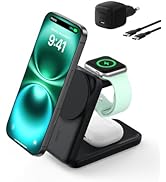 Siyah şarj istasyonunun farklı açılarını gösteren parlak turkuaz ışık efektine sahip akıllı saat şarj istasyonunun birden fazla görüntülemesi.