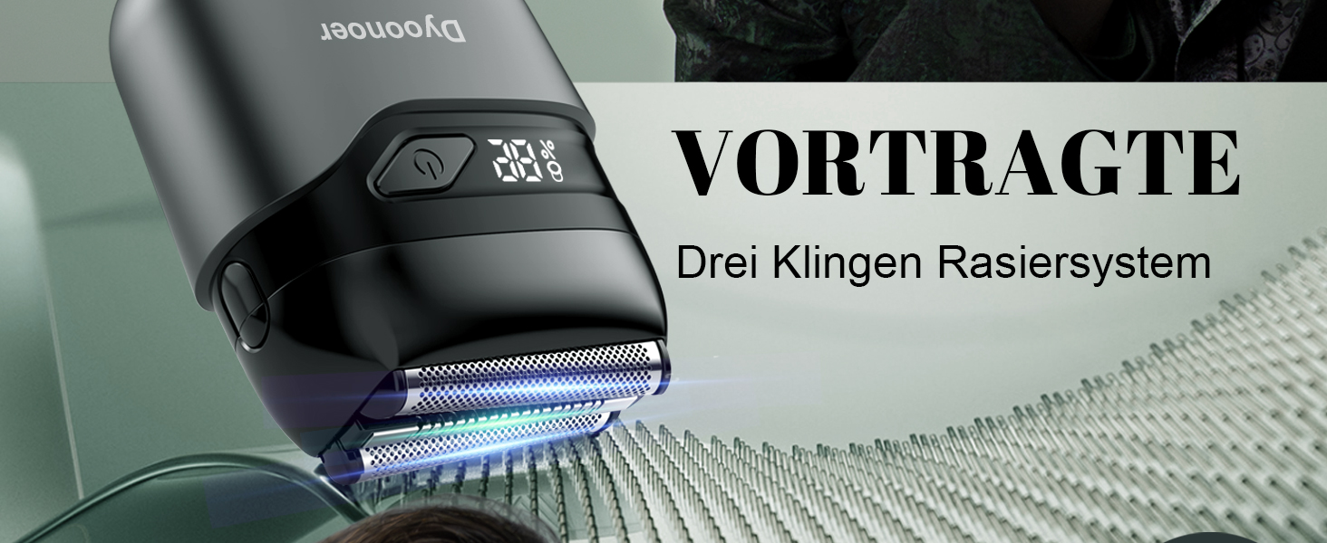 Dört Klingen ve Digitalanzeige ile Vortragte-Elektrorasiersystems Nahaufnahme des Vortragte-Elektrorasiersystems, das beleuchtete blaue Ladeanzeigen zeigt
