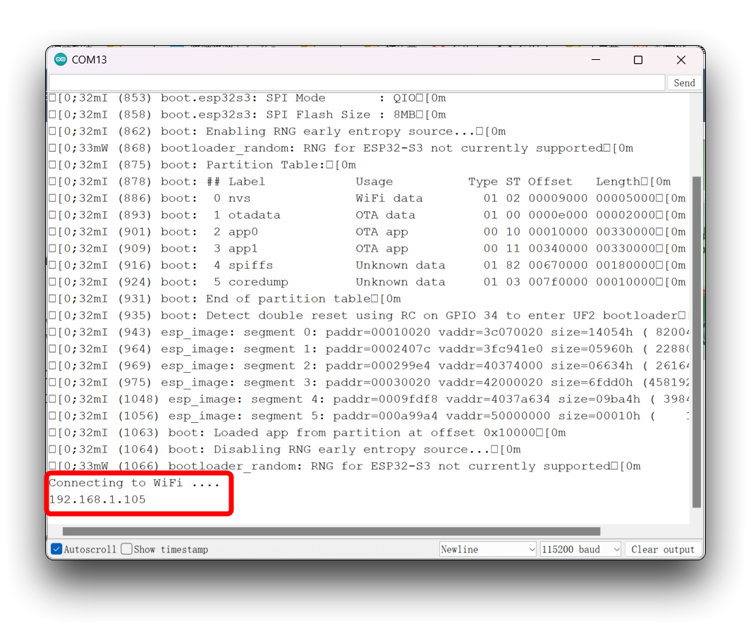 XIAO ESP32-S3 WiFi bağlantı IP çıktısı