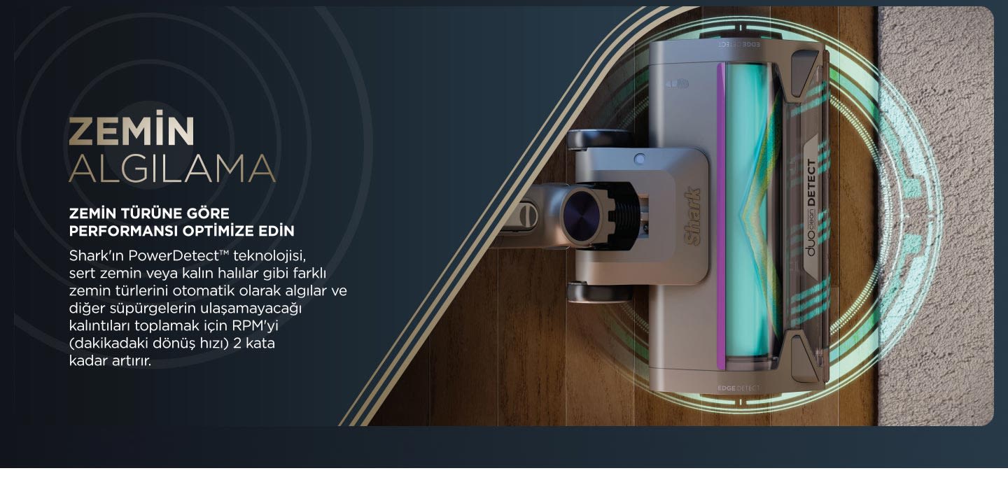 Gri Shark DuoDetect elektrikli süpürge, zemin algılama özelliklerini vurgulayan metin ve grafiklerle birlikte sergileniyor.