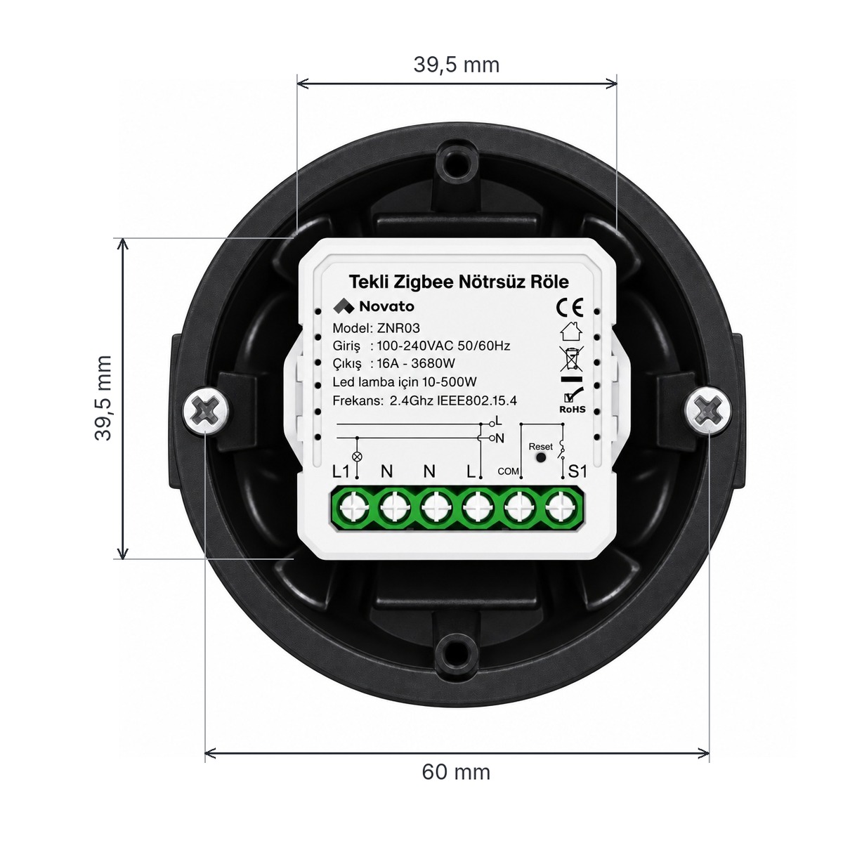 Siyah yuvarlak sıva altı kasanın içinde ZNR03 nötrsüz Zigbee röle modülü, ölçüler: modül 39,5 mm, kasa vida arası 60 mm