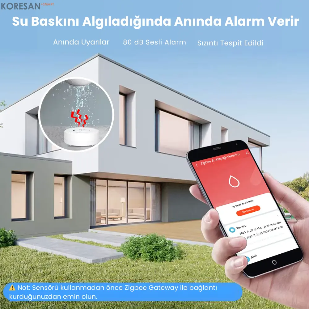 Tuya Sirenli Su Baskını Sensörü – Zigbee su baskınında anında alarm veren akıllı sensör