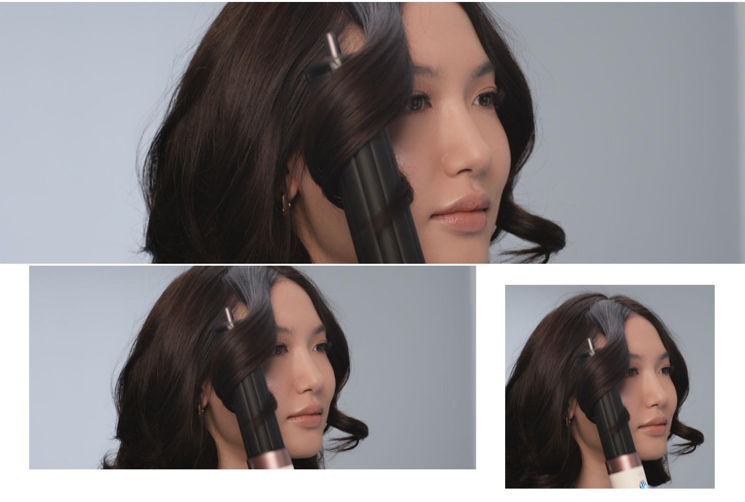 Dyson Airwrap Co-anda2x saç şekillendirme ve kurutma setiyle bukle yapan, siyah saçlı bir model.