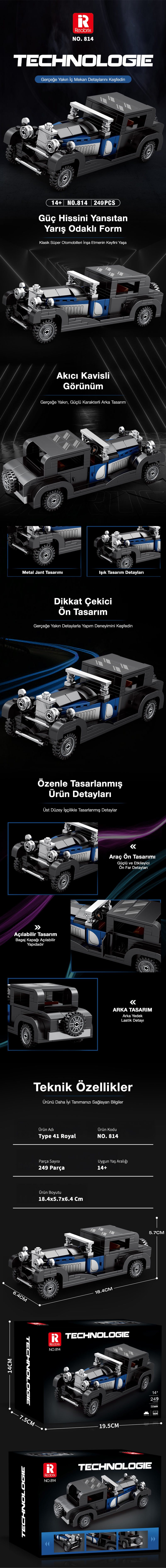 Reobrix Luxury Car Bugatti Type 41 814 Brick Yapım Seti