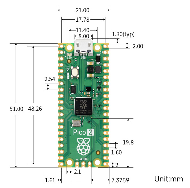 Raspberry Pi Pico 2 mekanik ölçü çizimi