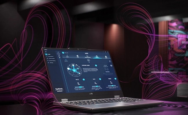 Lenovo LOQ 15ARP9, Nahimic Audio özelliğini temsil eden dönen çizgilerle çevrili