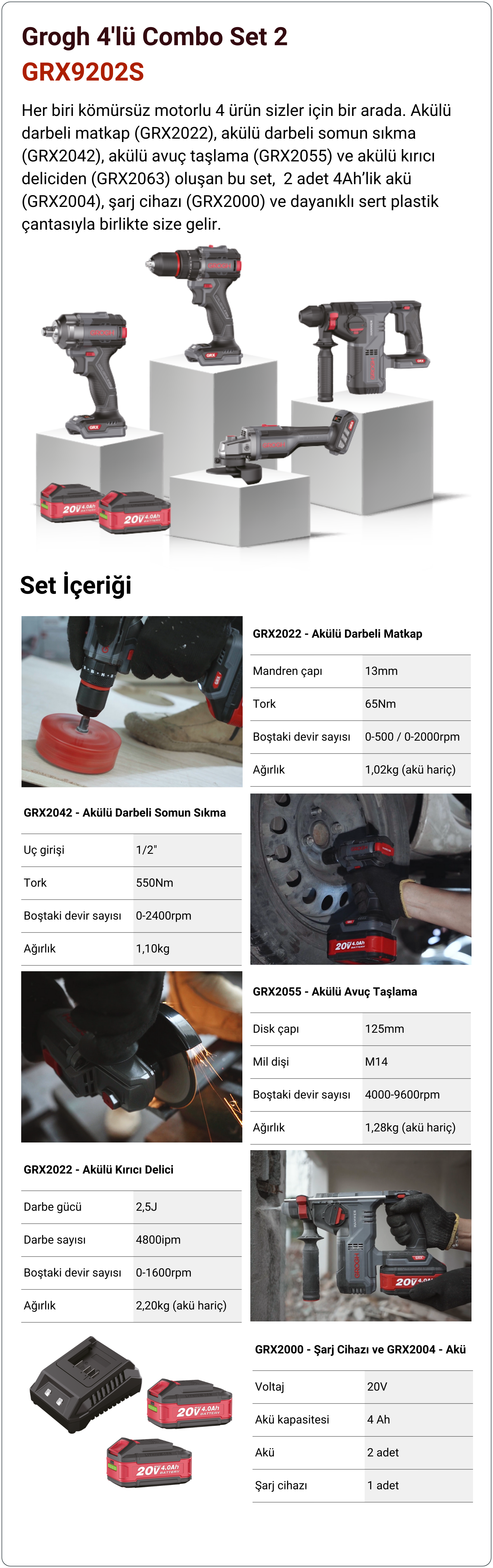 Grogh Kömürsüz Motorlu Çift Akülü 4'lü Set GRX9202S - Akülü Fiyatı