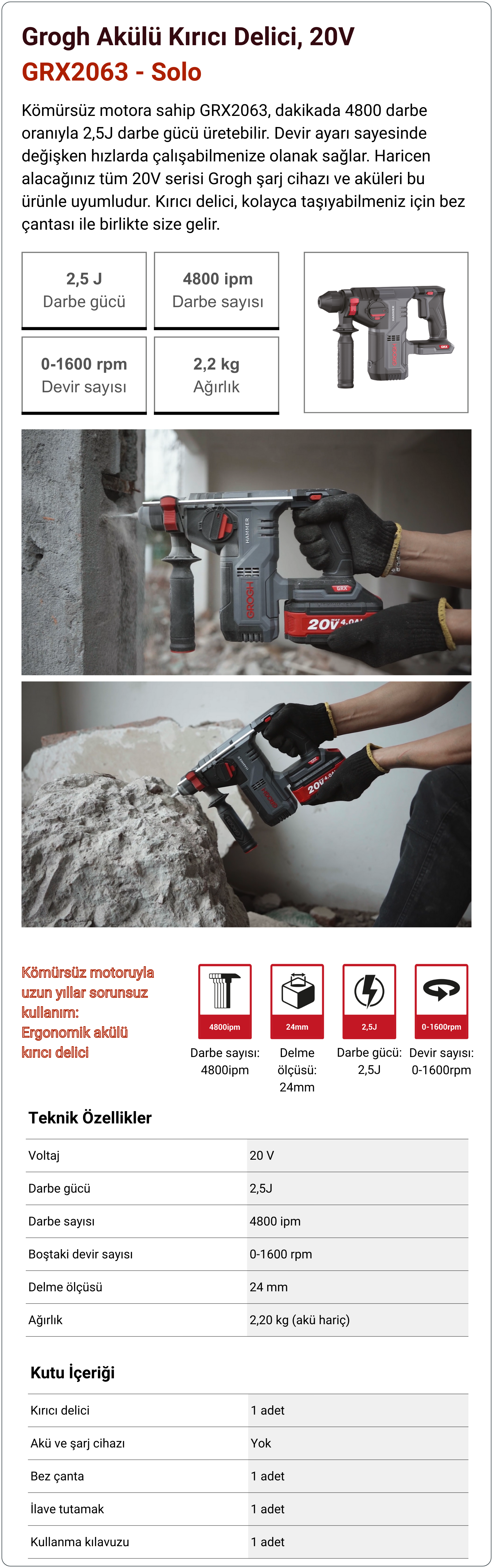 Grogh Li-Ion Akülü Kırıcı Delici Matkap 20V Solo GRX2063 | Fiyatı