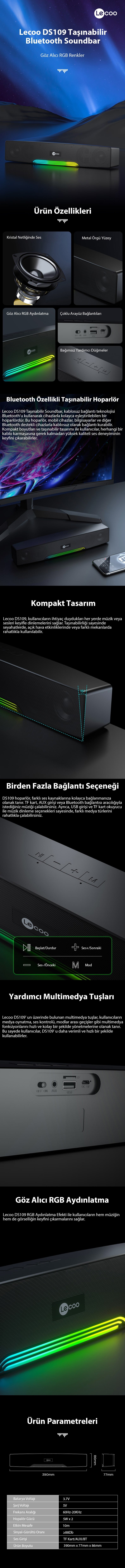 Lecoo DS109 Bluetooth/AUX/TF KART/USB 10W Soundbar Taşınabilir Stereo Masaüstü TV Hoparlör Kullanım Seneryoları