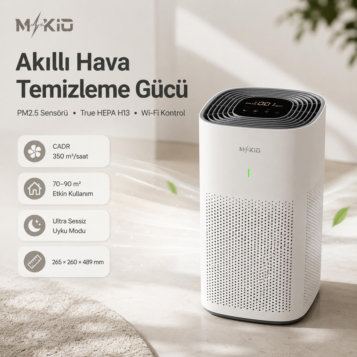 MKİO akıllı PM2.5 sensörlü True HEPA H13 hava temizleyici