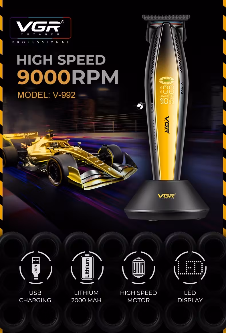 the vgr professional mens hair clippers feature wireless high speed operation at 9000 rpm colored ceramic haircutting kit a large battery a metal body three guide combs a usb charging dock and an led display 992 is for men Product details 0