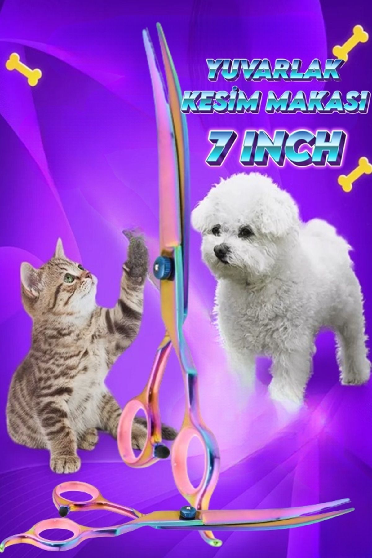 Uniquem 7 inç Kavisli Kedi Köpek Ponpon Makası Açılı Kesim Makası