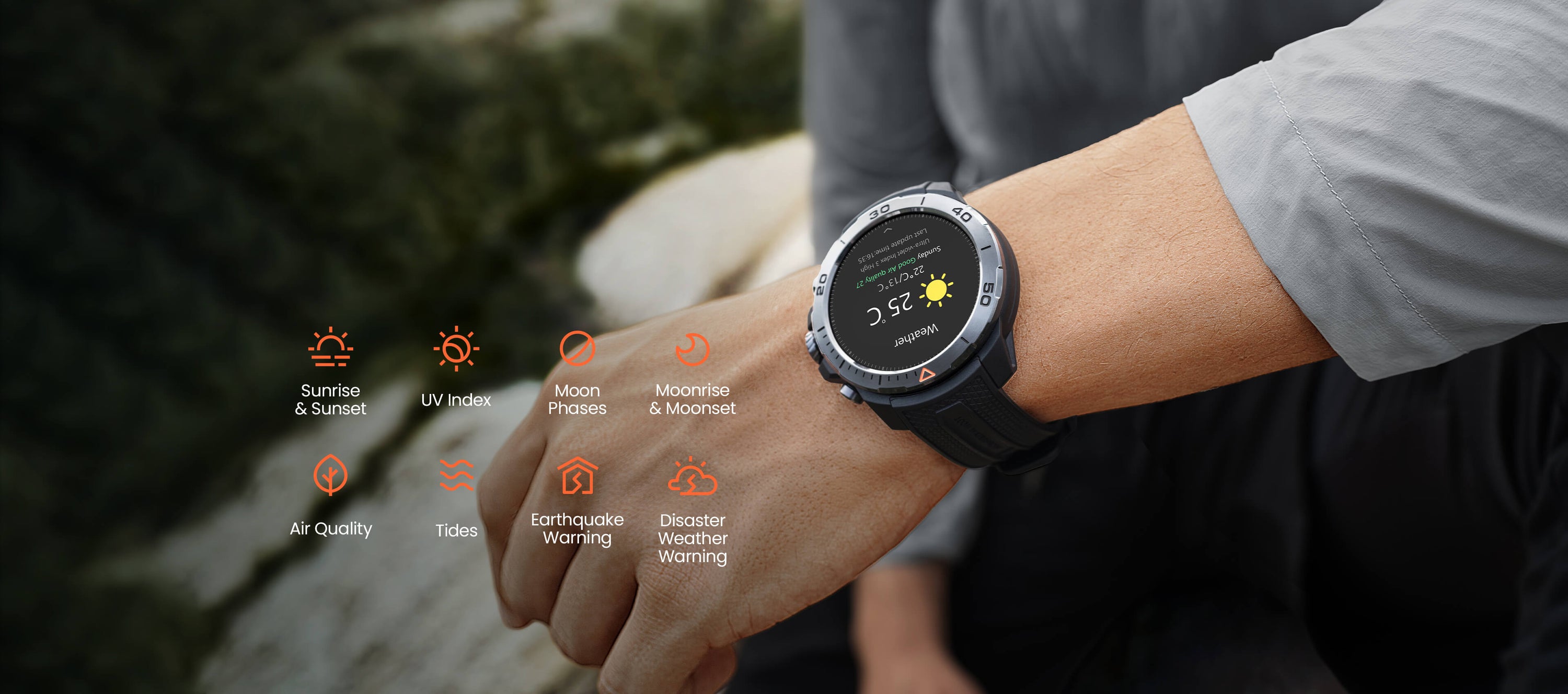 Wrist Weather Station Provide you with professional weather information service. Air Quality, UV Index, Sunrise and Sunset, Moonrise and Moonset, Moon Phases, Tides, Earthquake Warning, Disaster Weather Warning