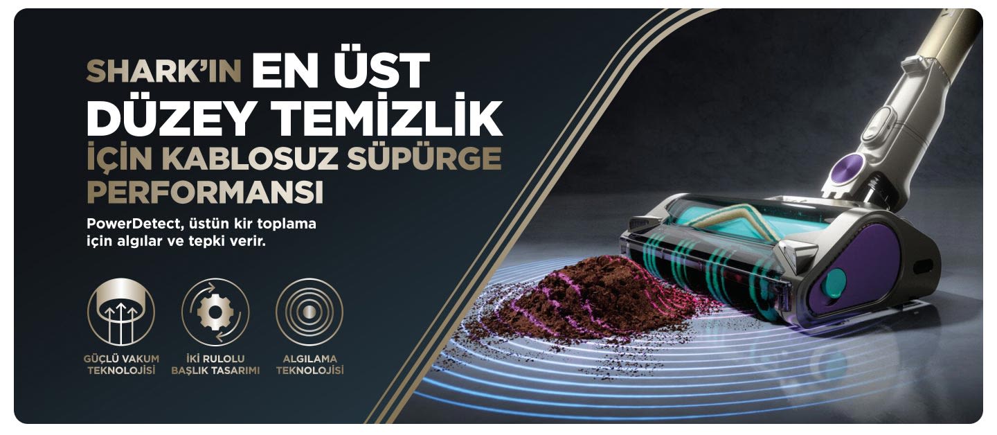 Gri kablosuz süpürge kahverengi tozu temizliyor. Arka planda siyah zemin üzerinde ürün tanıtım metni yer alıyor.