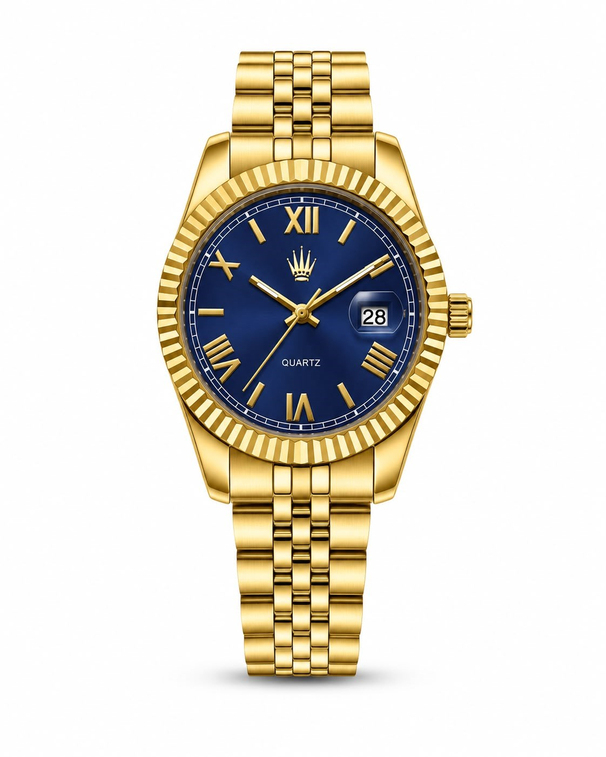 Calvior Gold Blue saatin önden kasa ve çelik kordon görünümü