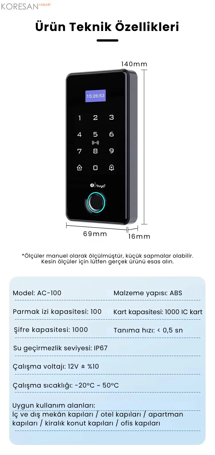AC-100 Tuya Bluetooth Parmak İzli Akıllı Geçiş Sistemi IP67 teknik özellikler ve ölçüler
