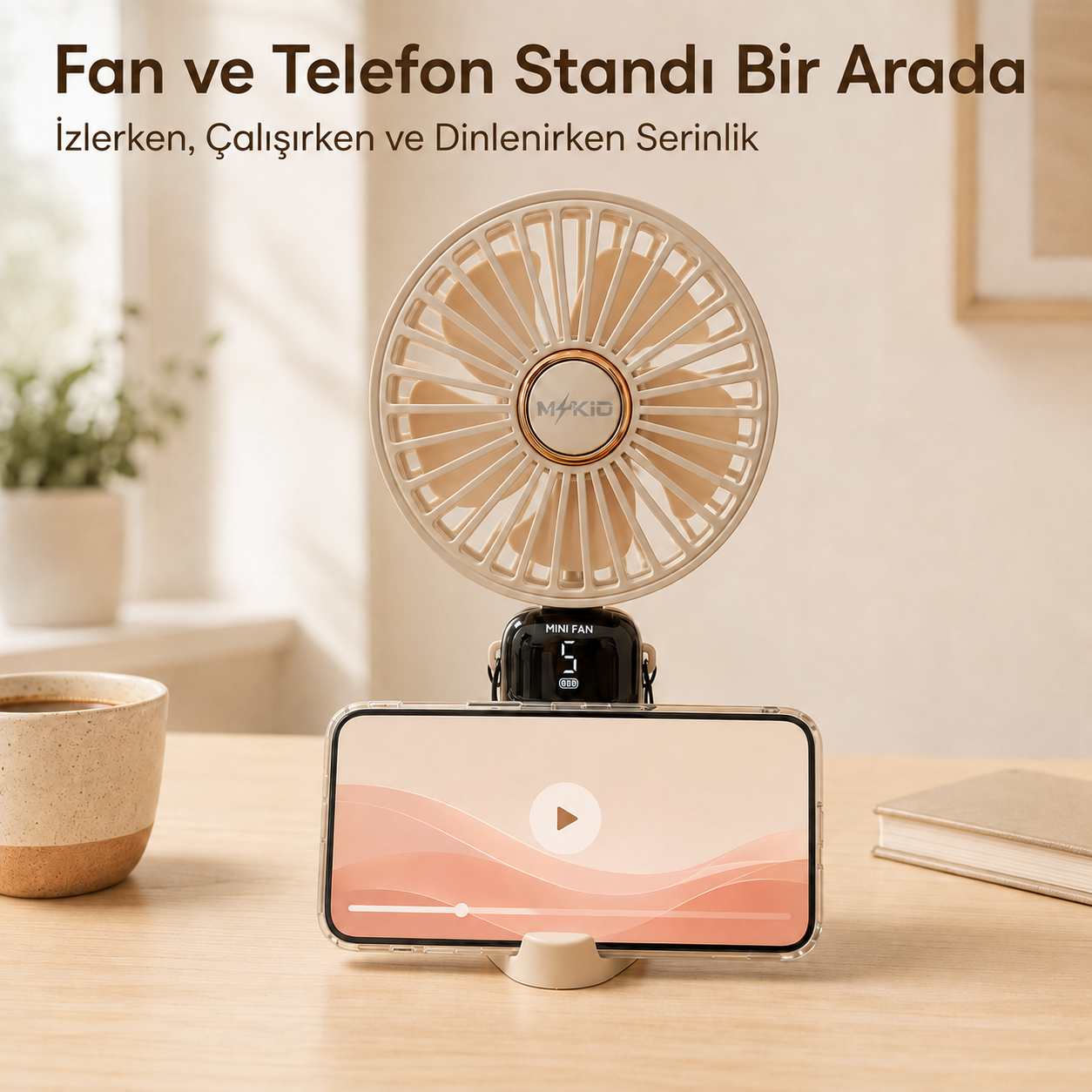 MKİO bej fan ve telefon standı birlikte masaüstü kullanım